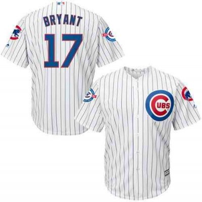 Cubs #17 Kris Bryant White Strip New Cool Base with 100 Years at Wrigley Field Commemorative Patch Stitched MLB Jersey