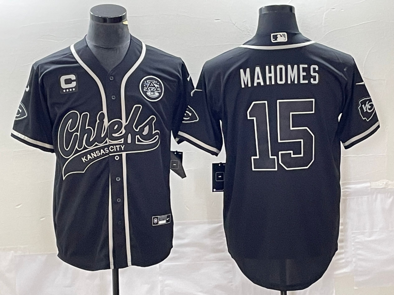 Men's Kansas City Chiefs #15 Patrick Mahomes Black With 4-star C Patch Cool Bae Stitched Baseball Jersey