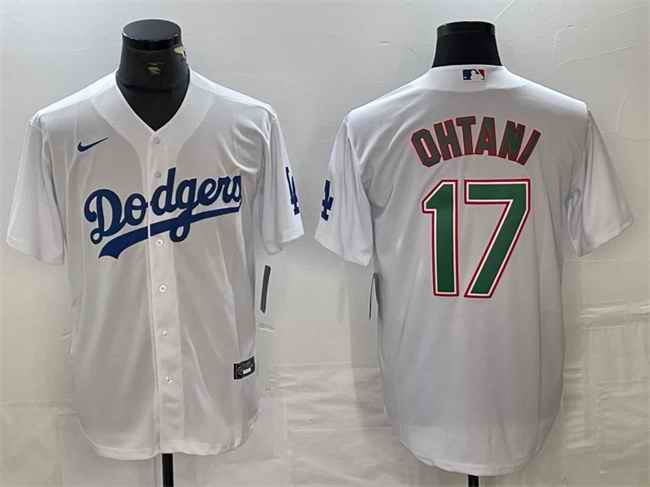 Men's Los Angeles Dodgers #17 Shohei Ohtani White/Green Cool Base Stitched Baseball Jersey