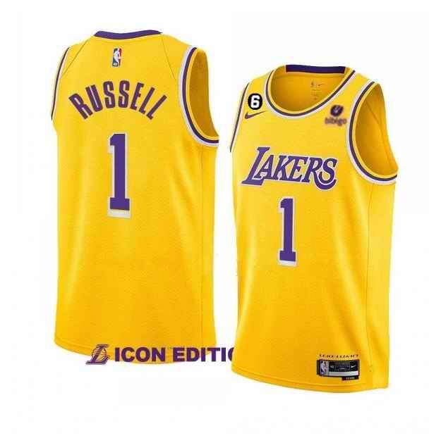 Men's Los Angeles Lakers #1 D'Angelo Russell Yellow Icon Edition With NO.6 Patch Stitched Basketball Jersey