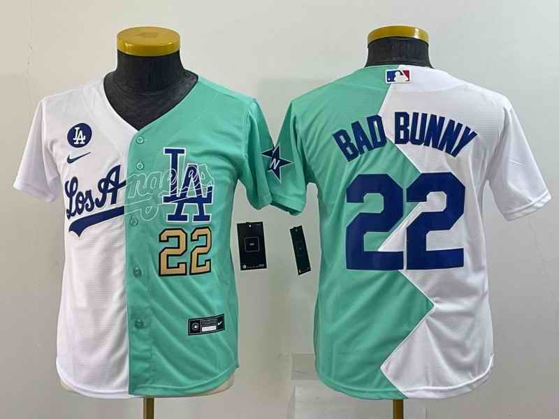 Youth Los Angeles Dodgers #22 Bad Bunny 2022 All-Star White/Green Split Stitched Jersey