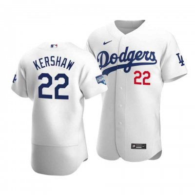 Men's Los Angeles Dodgers #22 Clayton Kershaw 2020 White World Series Champions Patch Flex Base Sttiched Jersey