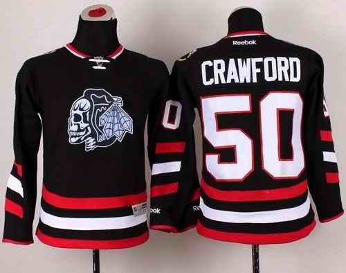 Blackhawks #50 Corey Crawford Black(White Skull) 2014 Stadium Series Stitched Youth NHL Jersey