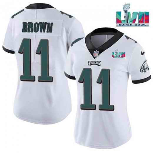 Women's Philadelphia Eagles #11 A.J. Brown White Super Bolw LVII Patch Vapor Untouchable Limited Stitched Football Jersey(Run Small)