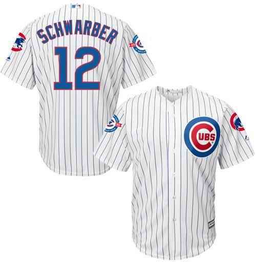 Cubs #12 Kyle Schwarber White Strip New Cool Base with 100 Years at Wrigley Field Commemorative Patch Stitched MLB Jersey