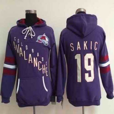 Colorado Avalanche #19 Joe Sakic Purple Women's Old Time Heidi NHL Hoodie