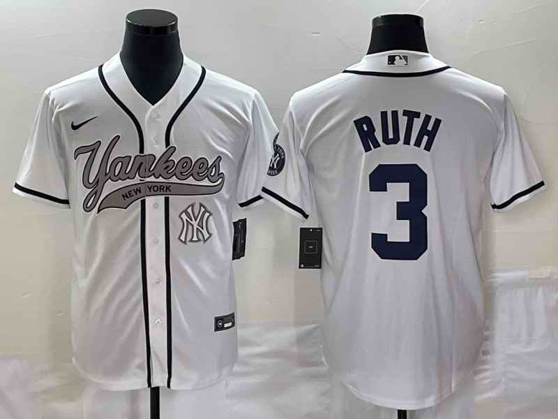 Men's New York Yankees #3 Babe Ruth White With Patch Cool Base Stitched Baseball Jersey