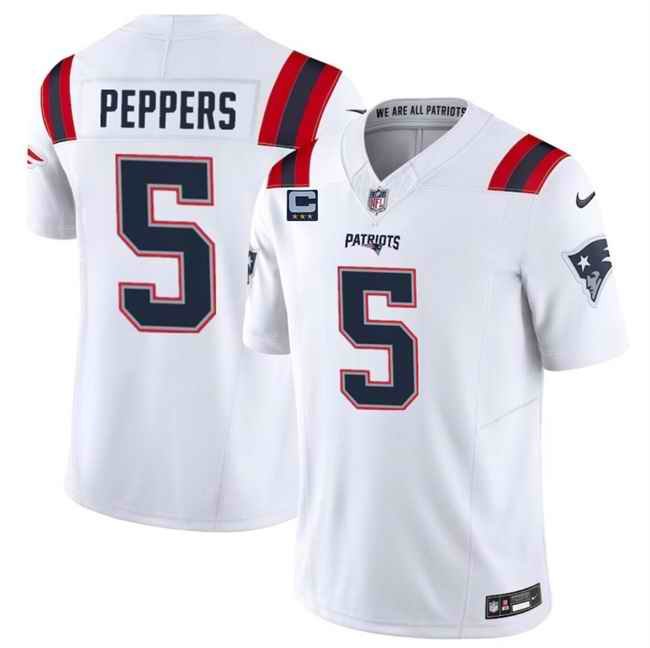 Men's New England Patriots #5 Jabrill Peppers White 2024 F.U.S.E. With 3-Star C Patch Vapor Limited Stitched Football Jersey