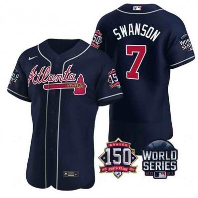 Men's Atlanta Braves #7 Dansby Swanson 2021 Navy World Series With 150th Anniversary Patch Stitched Baseball Jersey