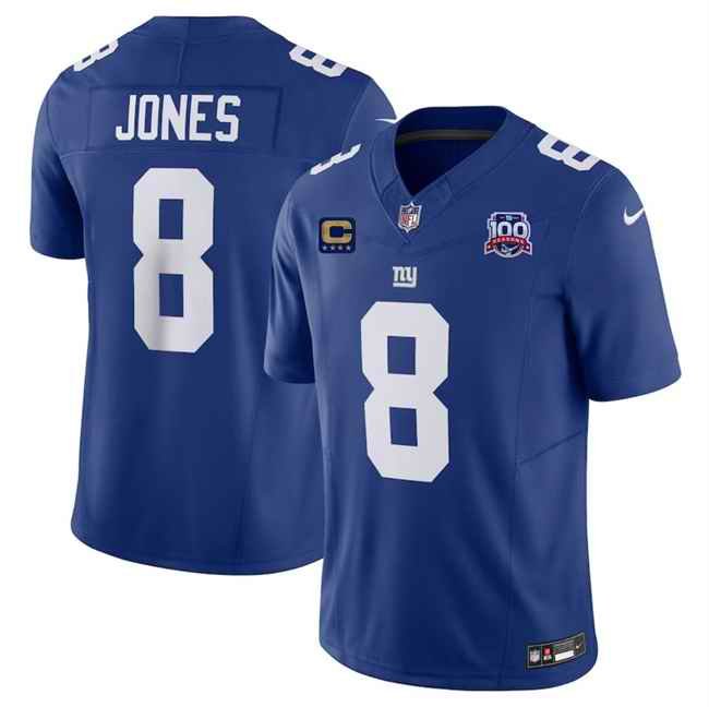 Men's New York Giants #8 Daniel Jones Blue 2024 F.U.S.E. With 4-Star C Patch And 100TH Season Patch Vapor Untouchable Limited Stitched Jersey