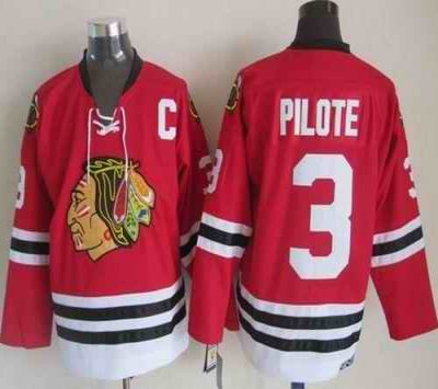 Blackhawks #3 Pierre Pilote Red CCM Throwback Stitched NHL Jersey