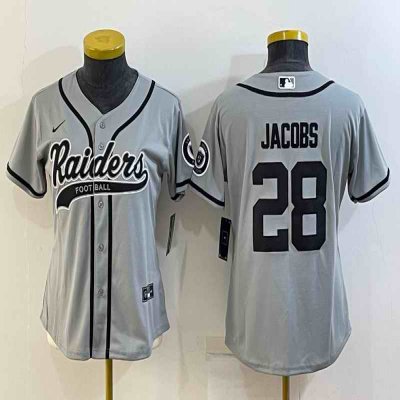 Women's Las Vegas Raiders #28 Josh Jacobs Grey With Patch Cool Base Stitched Baseball Jersey(Run Small)