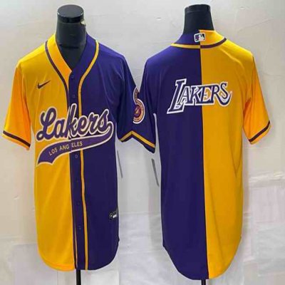 Men's Los Angeles Lakers Gold/Purple Split Team Big Logo Cool Base Stitched Baseball Jersey