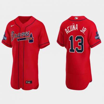 Men's Atlanta Braves #13 Ronald Acuna Jr. 2021 Red World Series Champions Flex Base Stitched Jersey