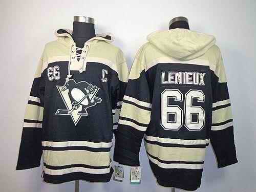 Penguins #66 Mario Lemieux Black Sawyer Hooded Sweatshirt Stitched NHL Jersey