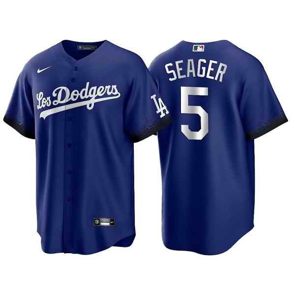 Men's Los Angeles Dodgers #5 Corey Seager 2021 Royal City Connect Cool Base Stitched Baseball Jersey