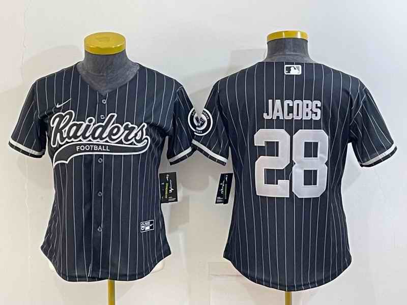 Youth Las Vegas Raiders #28 Josh Jacobs Black With Patch Cool Base Stitched Baseball Jersey