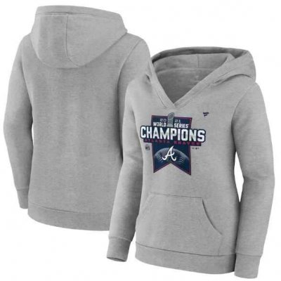 Women's Atlanta Braves 2021 Heathered Gray World Series Champions Locker Room Crossover Neck Pullover Hoodie(Run Small)