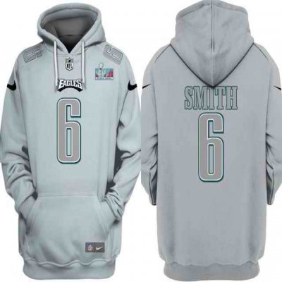 Men's Philadelphia Eagles #6 DeVonta Smith Grey Atmosphere Fashion Super Bowl LVII Patch Pullover Hoodie