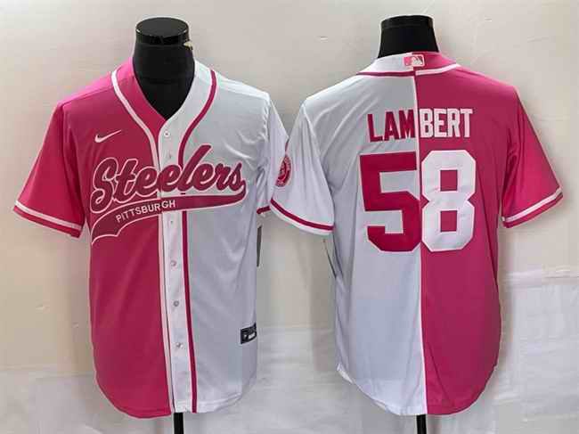 Men's Pittsburgh Steelers #58 Jack Lambert White Pink Split Cool Base Stitched Baseball Jersey