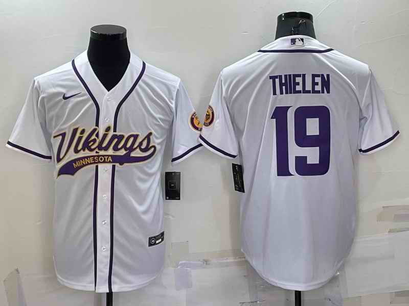 Men's Minnesota Vikings #19 Adam Thielen White With Patch Cool Base Stitched Baseball Jersey