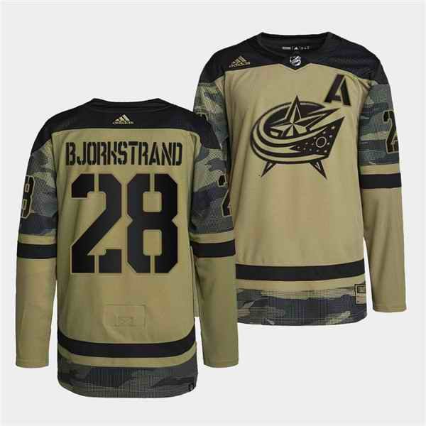 Men's Columbus Blue Jackets #28 Oliver Bjorkstrand 2022 Camo Military Appreciation Night Stitched Jersey