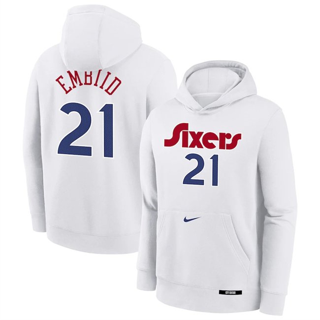 Men's Philadelphia 76ers #21 Joel Embiid White 2024/25 City Edition Fleece Club Pullover Hoodie