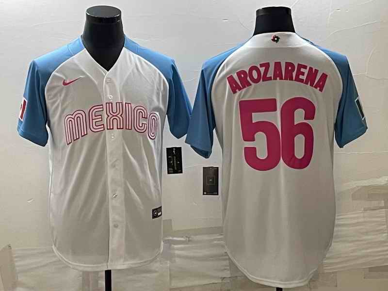 Men's Mexico Baseball #56 Randy Arozarena 2023 White Blue World Baseball Classic Stitched Jersey