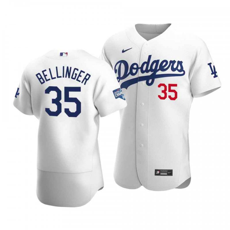 Men's Los Angeles Dodgers #35 Cody Bellinger 2020 White World Series Champions Patch Flex Base Sttiched Jersey