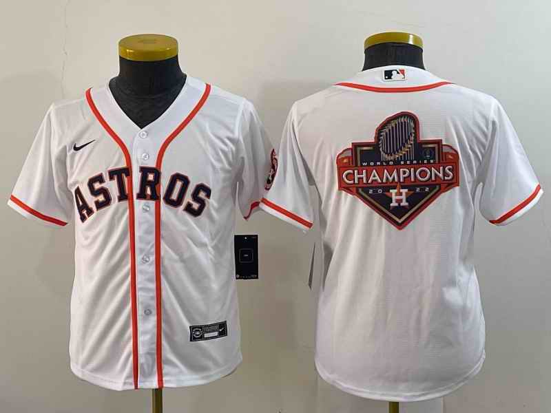 Youth Houston Astros White 2022 World Series Champions Team Big Logo With Patch Cool Base Stitched Jersey