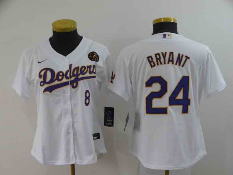 Women's Los Angeles Dodgers Front #8 Back #24 Kobe Bryant White With KB Patch Cool Base Stitched Jersey(Run Small)