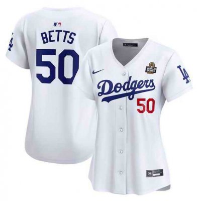 Women's Los Angeles Dodgers #50 Mookie Betts White 2024 World Series Home Limited Stitched Baseball Jersey(Run Small)