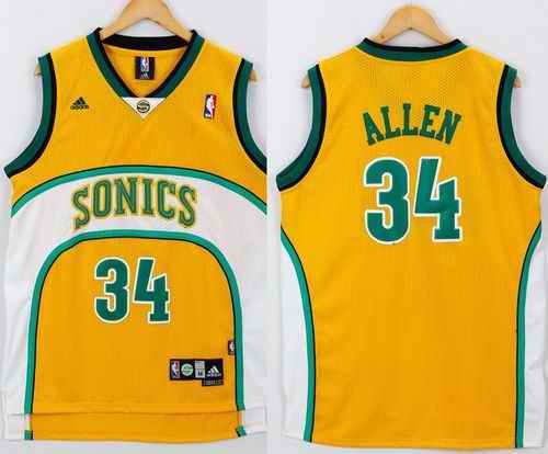 Thunder #34 Ray Allen Yellow/White SuperSonics Throwback Stitched NBA Jersey