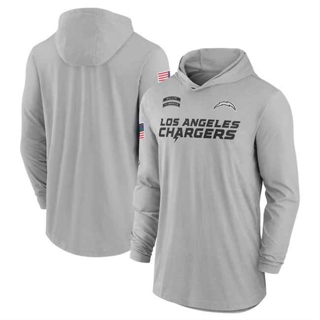 Men's Los Angeles Chargers 2024 Gray Salute to Service Lightweight Performance Long Sleeve Hooded T-Shirt