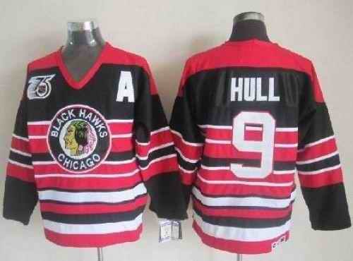 Blackhawks #9 Bobby Hull Red/Black 75TH CCM Stitched NHL Jersey