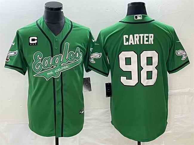 Men's Philadelphia Eagles #98 Jalen Carter Green With 3-star C Patch Cool Base Stitched Baseball Jersey