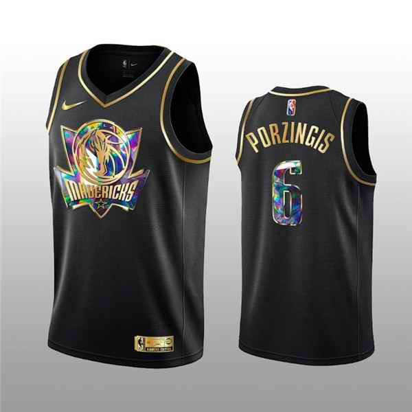 Men's Dallas Mavericks #6 Kristaps Porzingis 2021/22 Black Golden Edition 75th Anniversary Diamond Logo Stitched Basketball Jersey