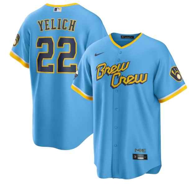 Men's Milwaukee Brewers #22 Christian Yelich 2022 Powder Blue City Connect Cool Base Stitched Jersey