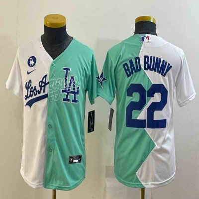 Youth Los Angeles Dodgers #22 Bad Bunny 2022 All-Star White/Green Split Stitched Jersey