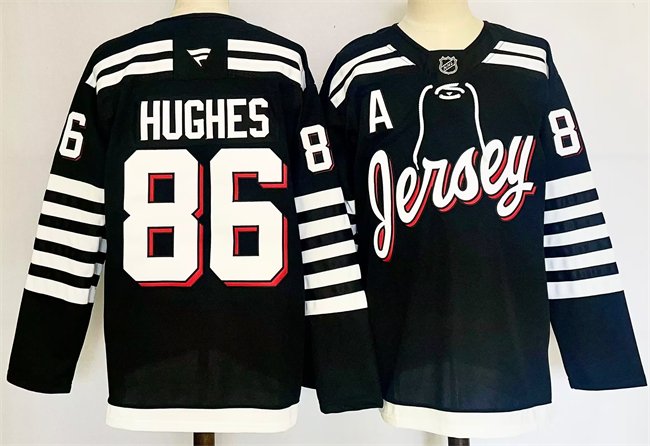 Men's New Jersey Devils #86 Jack Hughes Black 2024-25 Alternate With A Patch Stitched Hockey Jersey