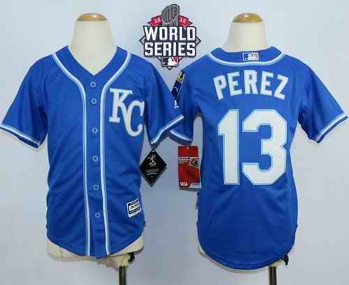 Royals #13 Salvador Perez Blue Cool Base W/2015 World Series Patch Stitched Youth MLB Jersey