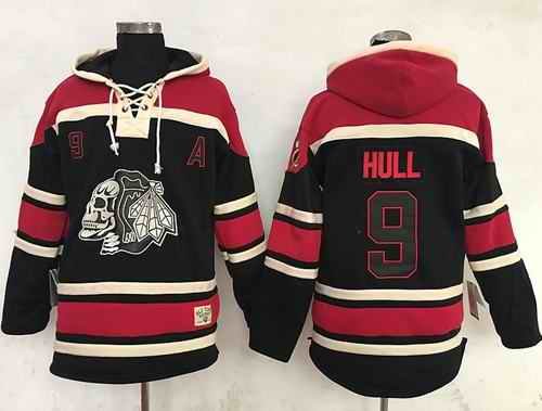 Blackhawks #9 Bobby Hull Black Sawyer Hooded Sweatshirt Stitched NHL Jersey