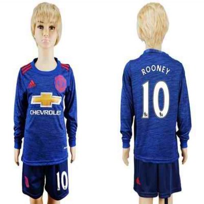 Manchester United #10 Rooney Away Long Sleeves Kid Soccer Club Jersey