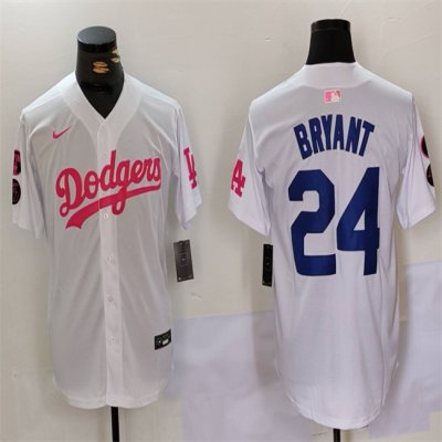 Men's Los Angeles Dodgers #24 Kobe Bryant White/Pink Vin & Kobe Patch Stitched Baseball Jersey