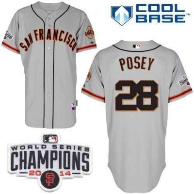 Giants #28 Buster Posey Grey W/2014 World Series Champions Patch Stitched MLB Jersey