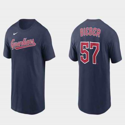 Men's Cleveland Guardians #57 Shane Bieber Navy Name & Number T-Shirt