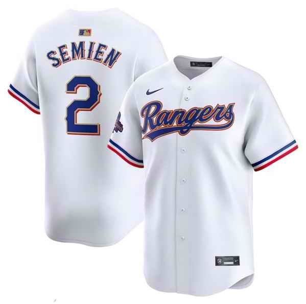 Men's Texas Rangers #2 Marcus Semien White 2024 Gold Collection Cool Base Stitched Baseball Jersey