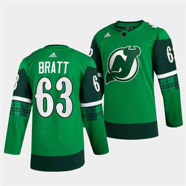 Men's New Jersey Devils #63 Jesper Bratt Green Warm-Up St Patricks Day Stitched Jersey