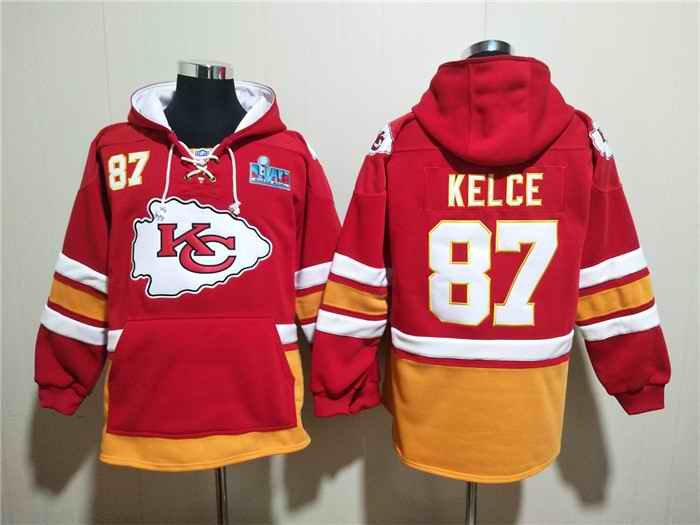 Men's Kansas City Chiefs #87 Travis Kelce Red Super Bowl Lace-Up Pullover Hoodie