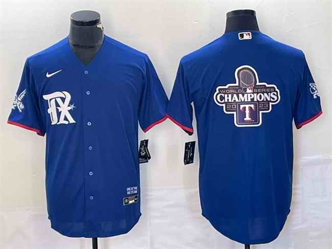 Men's Texas Rangers Royal 2023 World Series Champions Big Logo Cool Base Stitched Baseball Jersey